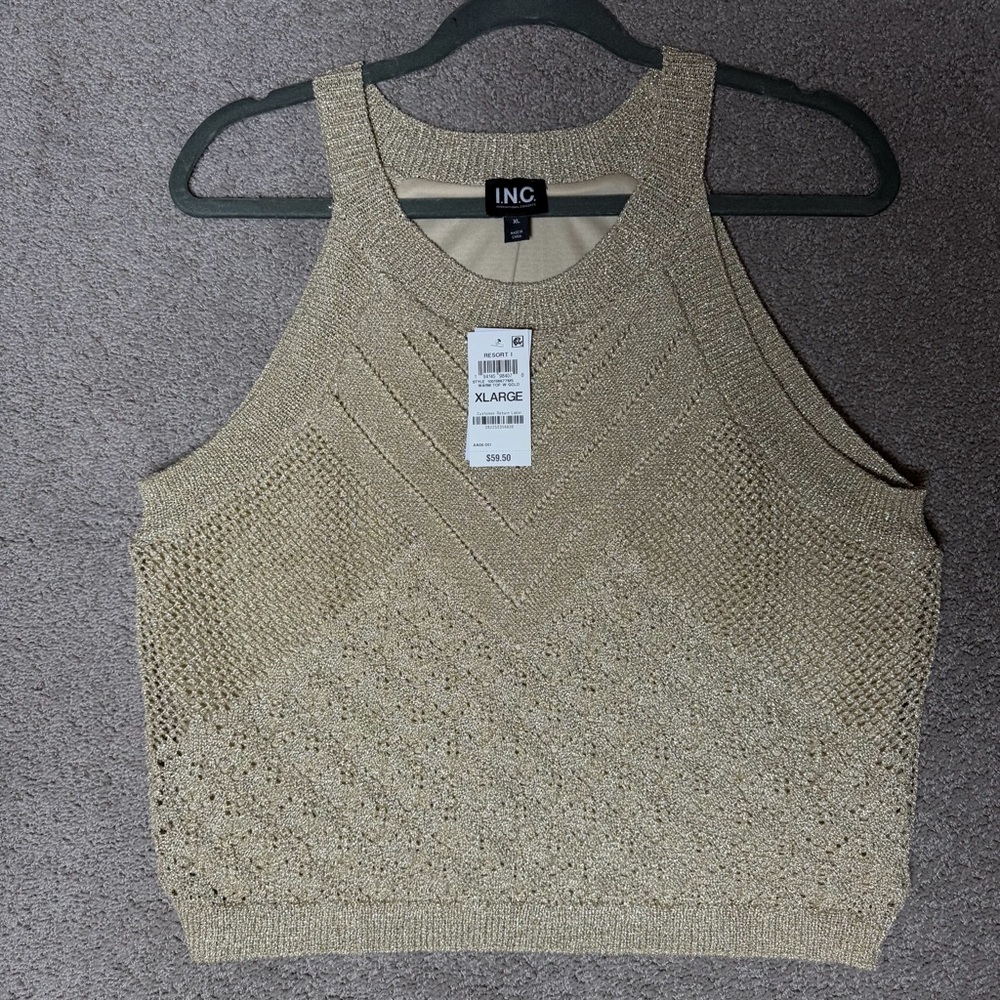 I.N.C. International Concepts Women's Gold Metallic Lined Crochet Top SZ XL NWT